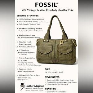 Fossil Y2K Vintage Olive Brown Leather Crossbody Shoulder Tote